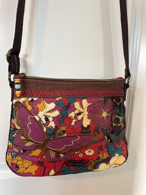 Sakroots Multicolor Floral & Butterfly Crossbody Bag in Purple and Red